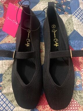 Jessica Black Knit Mary Jane Flats with Gold Accent